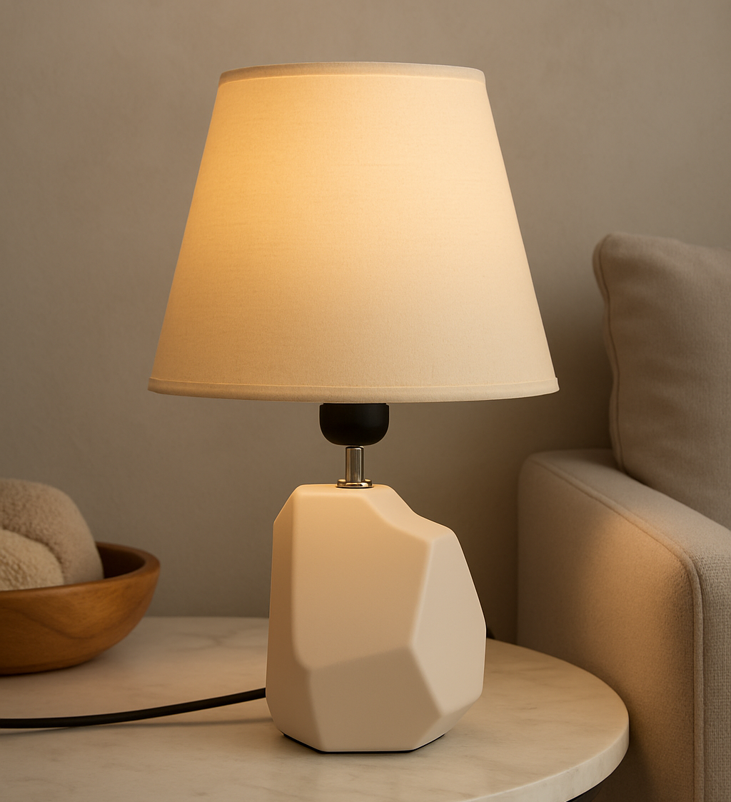 Modern Geometric Ceramic Table Lamp – Beige & Gray Finish with Off-White Shade