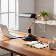 Modern Banker Style Table Lamp with Copper Arm | Premium Desk & Bedside Lamp | Black & White Color Options