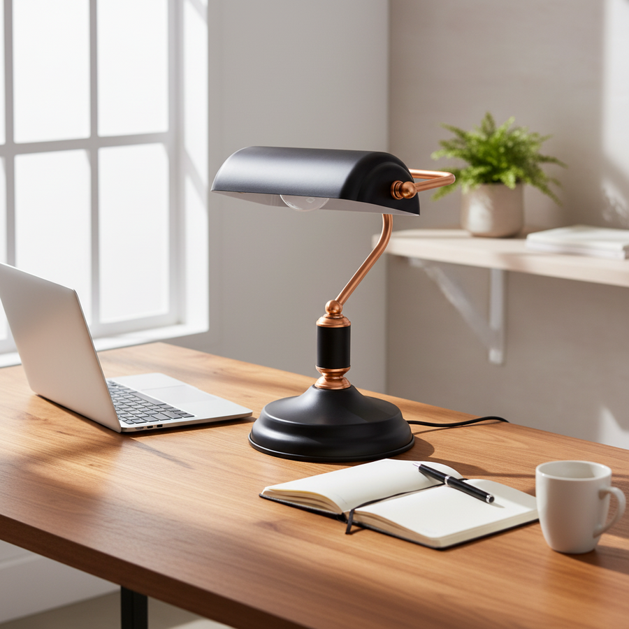 Modern Banker Style Table Lamp with Copper Arm | Premium Desk & Bedside Lamp | Black & White Color Options