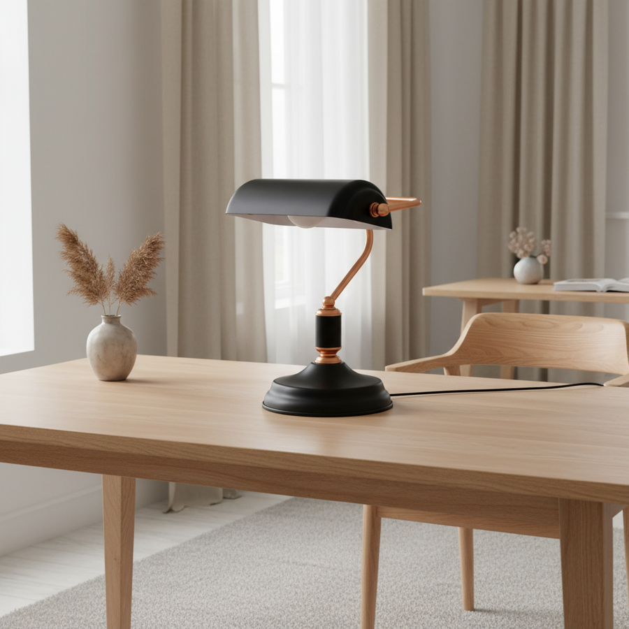 Modern Banker Style Table Lamp with Copper Arm | Premium Desk & Bedside Lamp | Black & White Color Options