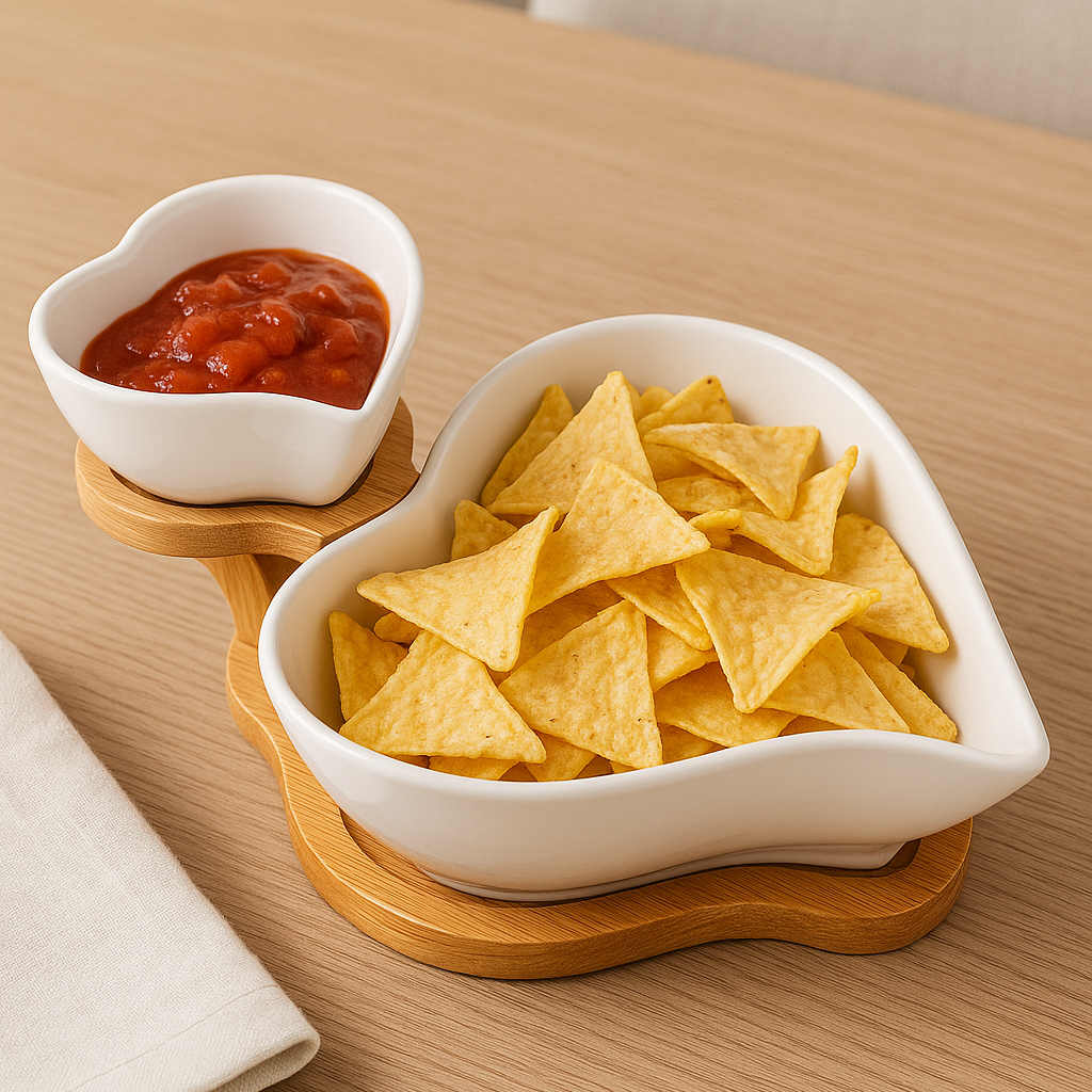 Heart Shaped Ceramic Bowl Set with Wooden Stand | Snack & Dip Server | Chips, Salsa & Dry Fruit Tray