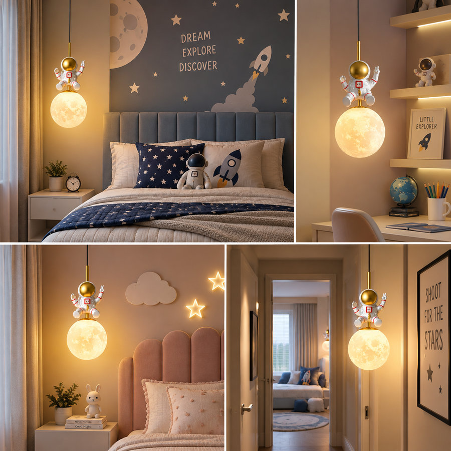 Astronaut Moon Pendant Light for Kids Room | Astro Space Theme Hanging Ceiling Light with Glowing Moon Globe | Decorative Light for Boys &amp; Girls Bedroom, Nursery &amp; Playroom