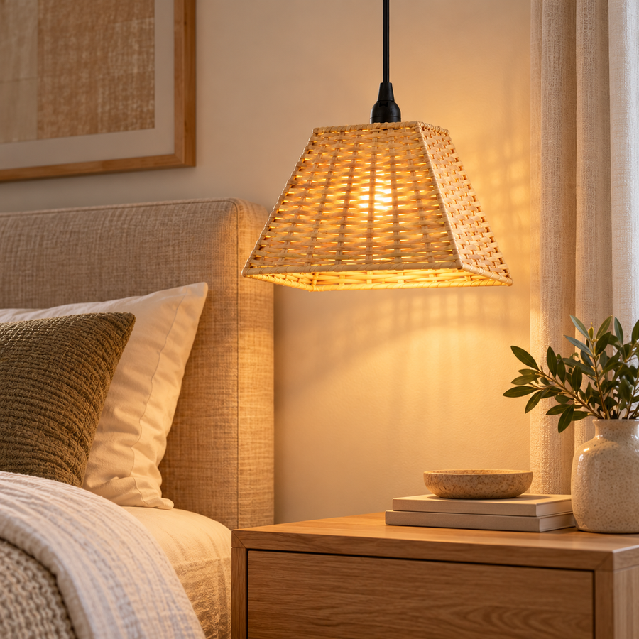 Coral Tree Natural Woven Rattan Hanging Pendant Light – Beige Boho Basket Shade | E14 Holder