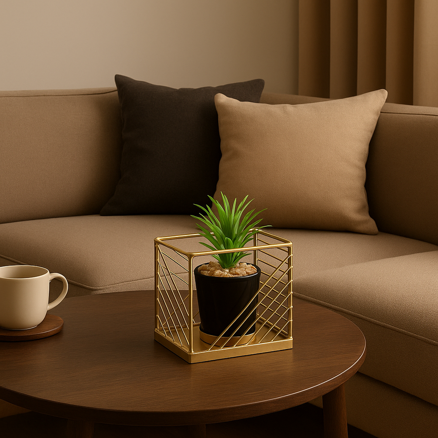Artificial Tabletop Planter with Golden Metal Frame & Black Pot
