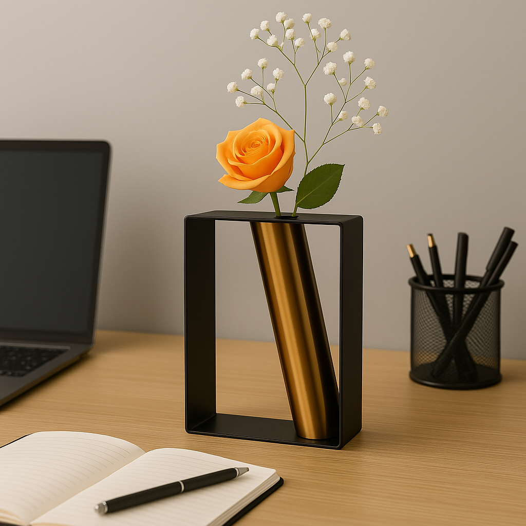 Coral Tree Modern Metal Frame Vase with Golden Tube (20x15.5x6 cm)