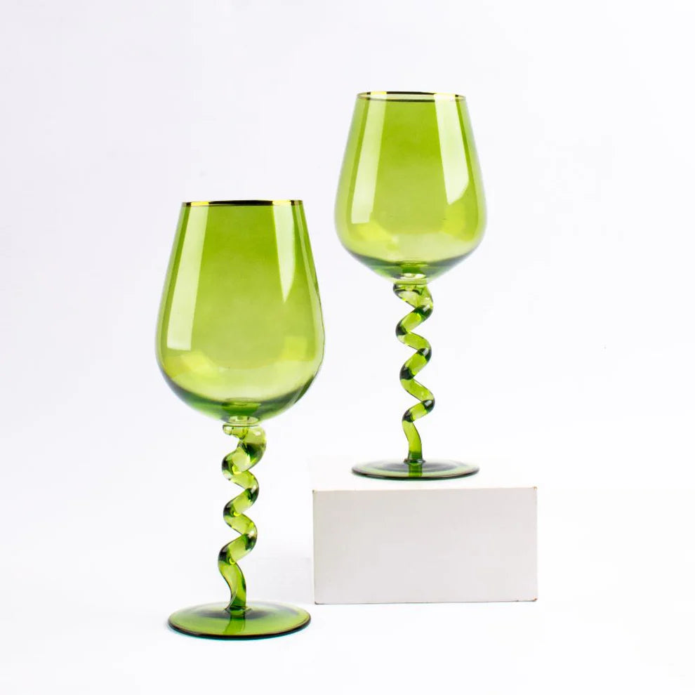 Coral Tree Green Twisted Stem Wine Glass Set of 2 | Designer Goblet | 550 ml