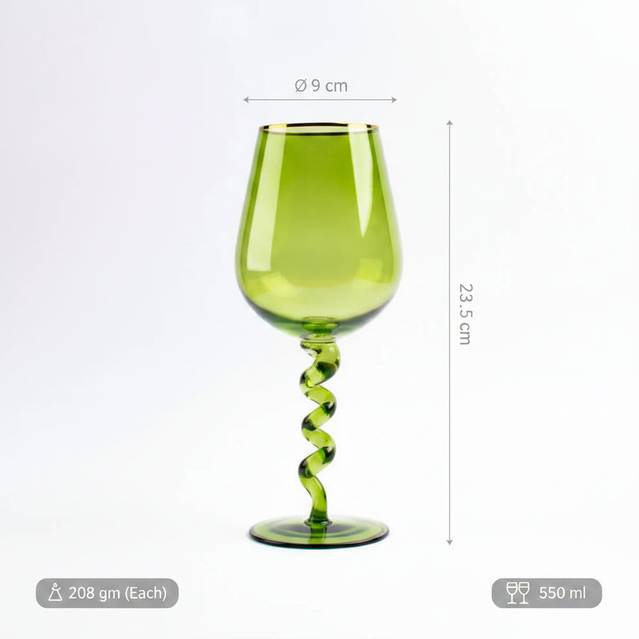 Coral Tree Green Twisted Stem Wine Glass Set of 2 | Designer Goblet | 550 ml