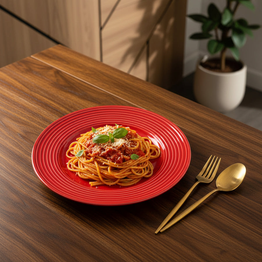 Coral Tree Red Ceramic Dinner Plate | Ribbed Texture Serving Plate | 26.8 cm