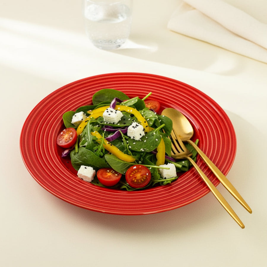 Coral Tree Red Ceramic Dinner Plate | Ribbed Texture Serving Plate | 26.8 cm