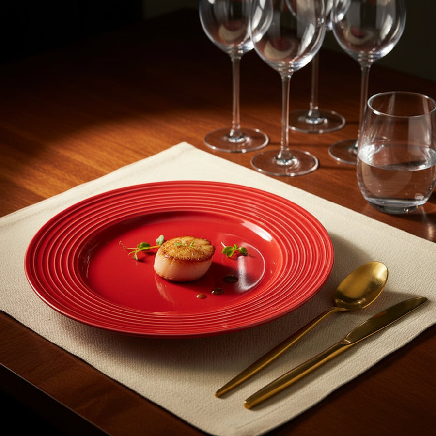 Coral Tree Red Ceramic Dinner Plate | Ribbed Texture Serving Plate | 26.8 cm