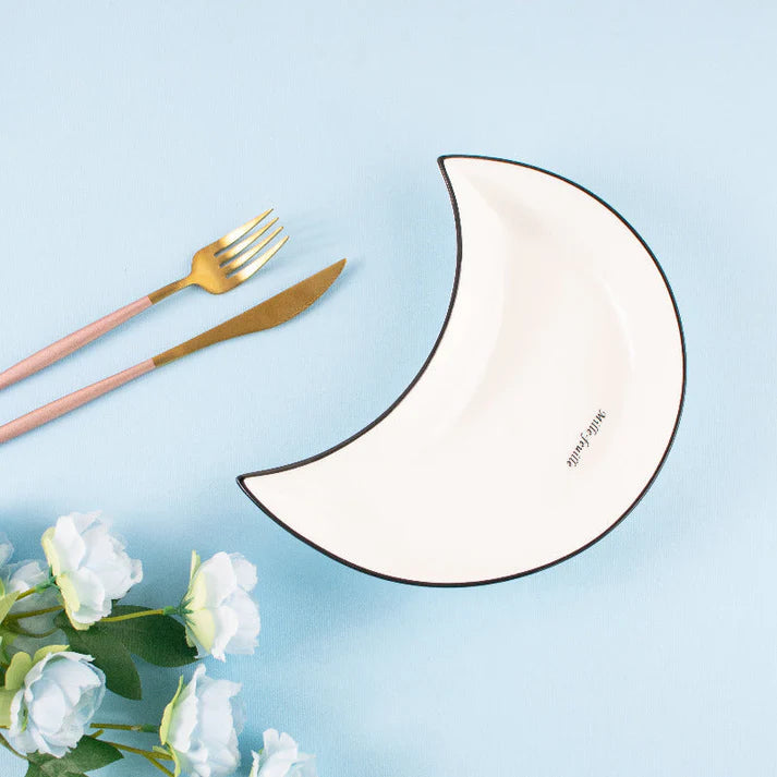 Coral Tree Ceramic Crescent Moon Serving Plate | Unique Designer Snack Dish | 23 cm
