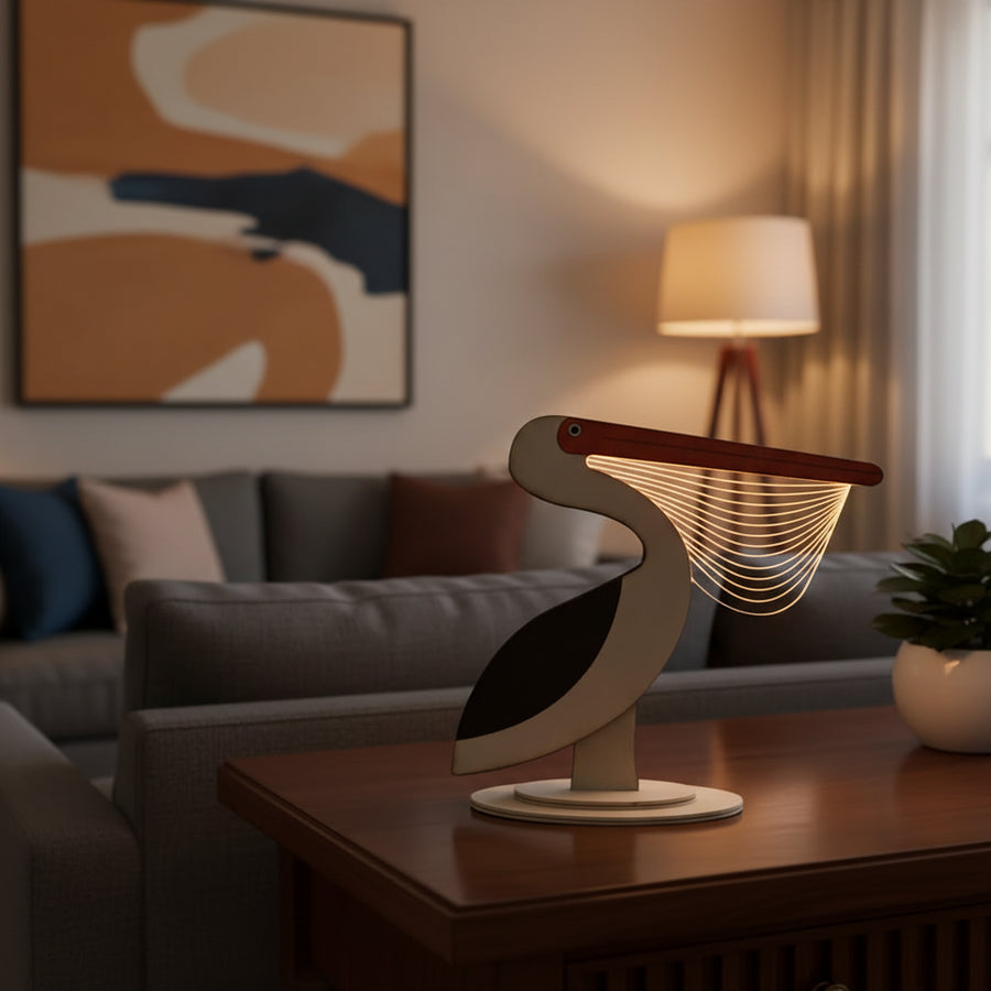 Coral Tree LED Pelican Table Lamp | USB Powered Decorative Light | Wooden Base