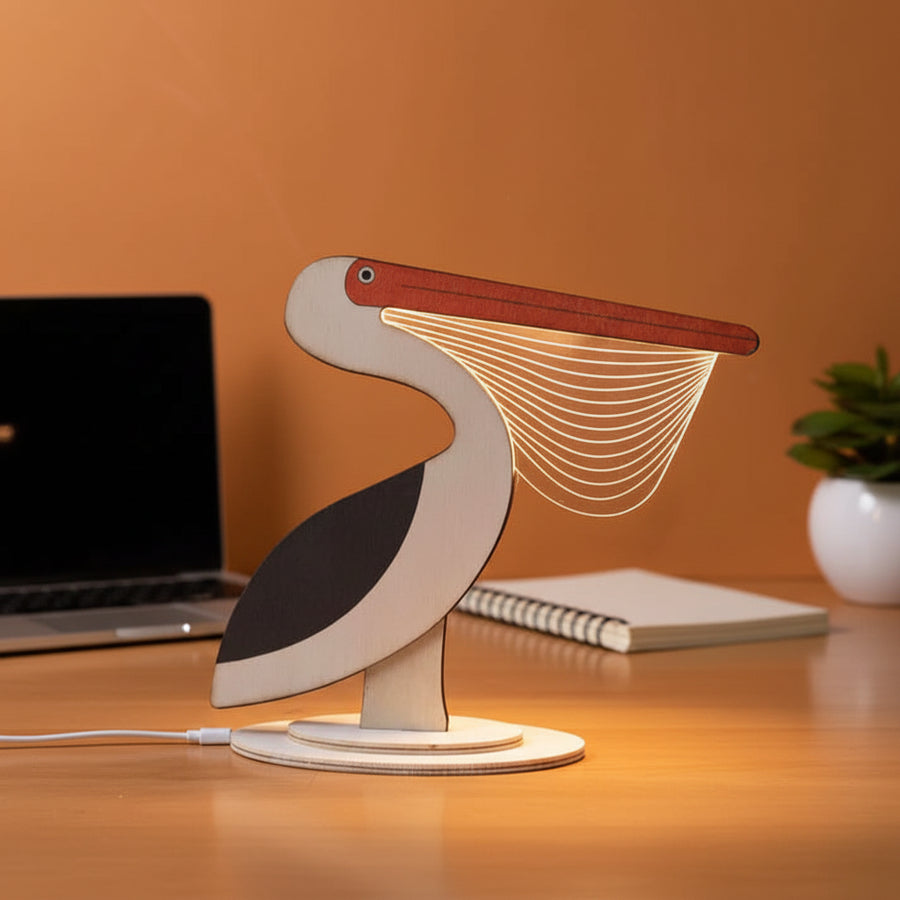 Coral Tree LED Pelican Table Lamp | USB Powered Decorative Light | Wooden Base