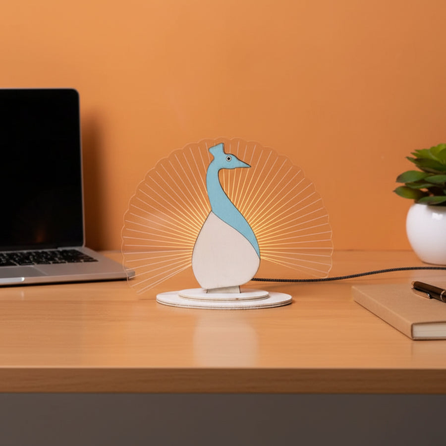 Coral Tree LED Peacock Table Lamp | USB Powered Decorative Light | Wooden Base