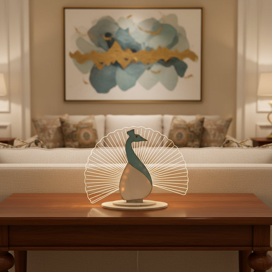Coral Tree LED Peacock Table Lamp | USB Powered Decorative Light | Wooden Base