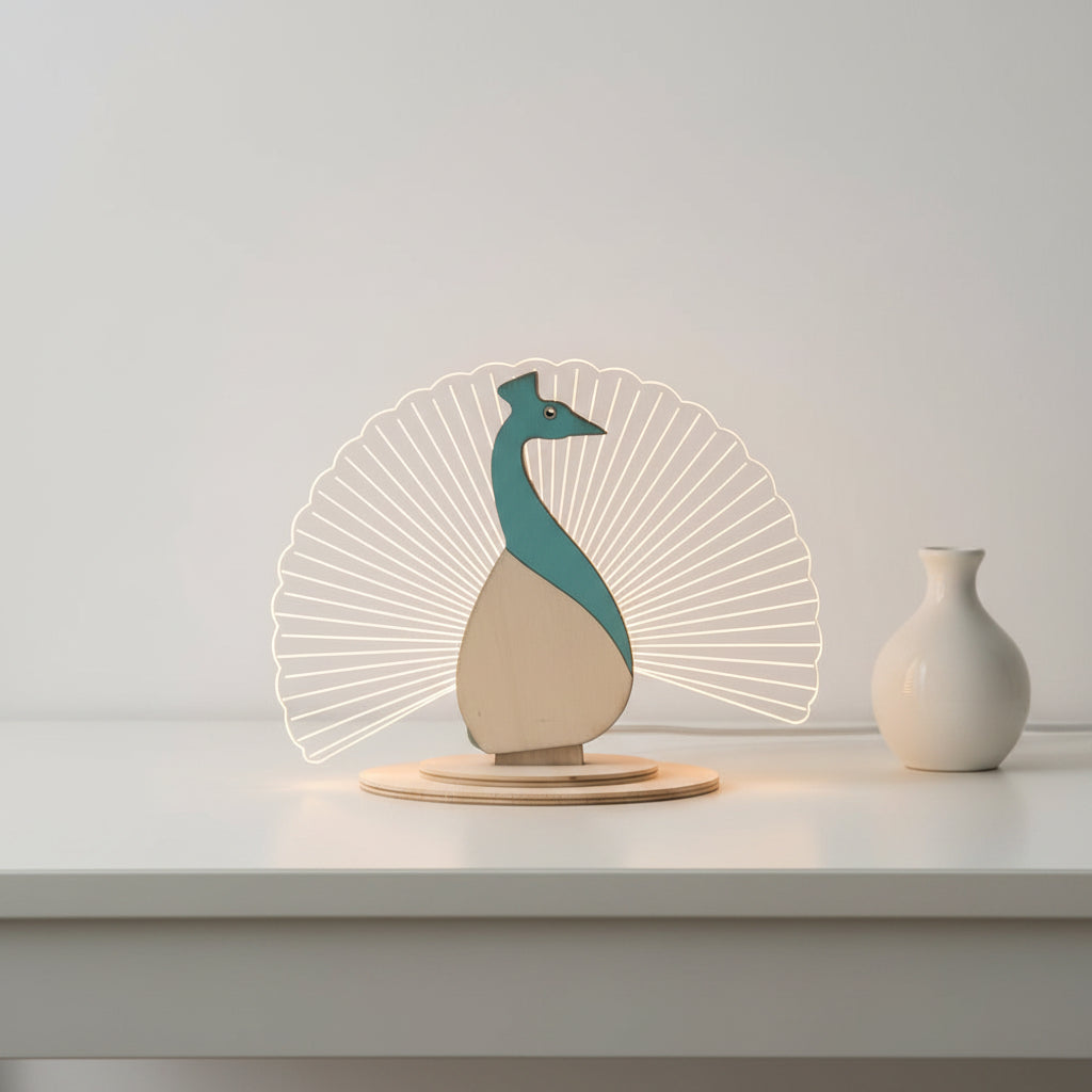 Coral Tree LED Peacock Table Lamp | USB Powered Decorative Light | Wooden Base