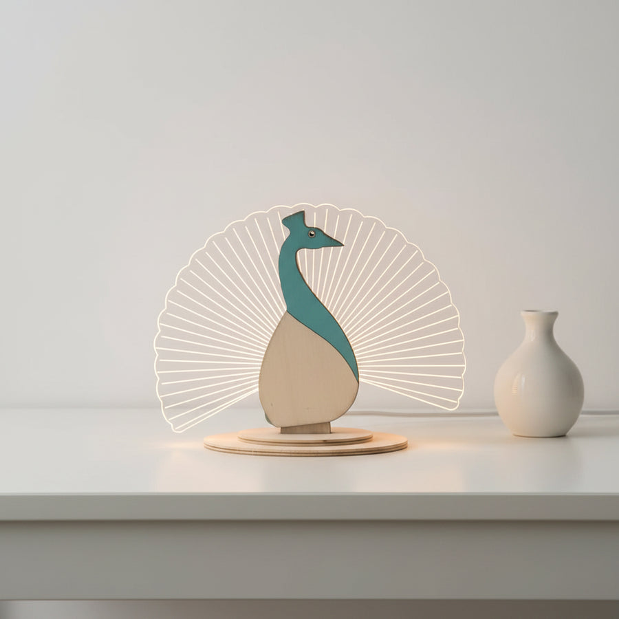 Coral Tree LED Peacock Table Lamp | USB Powered Decorative Light | Wooden Base