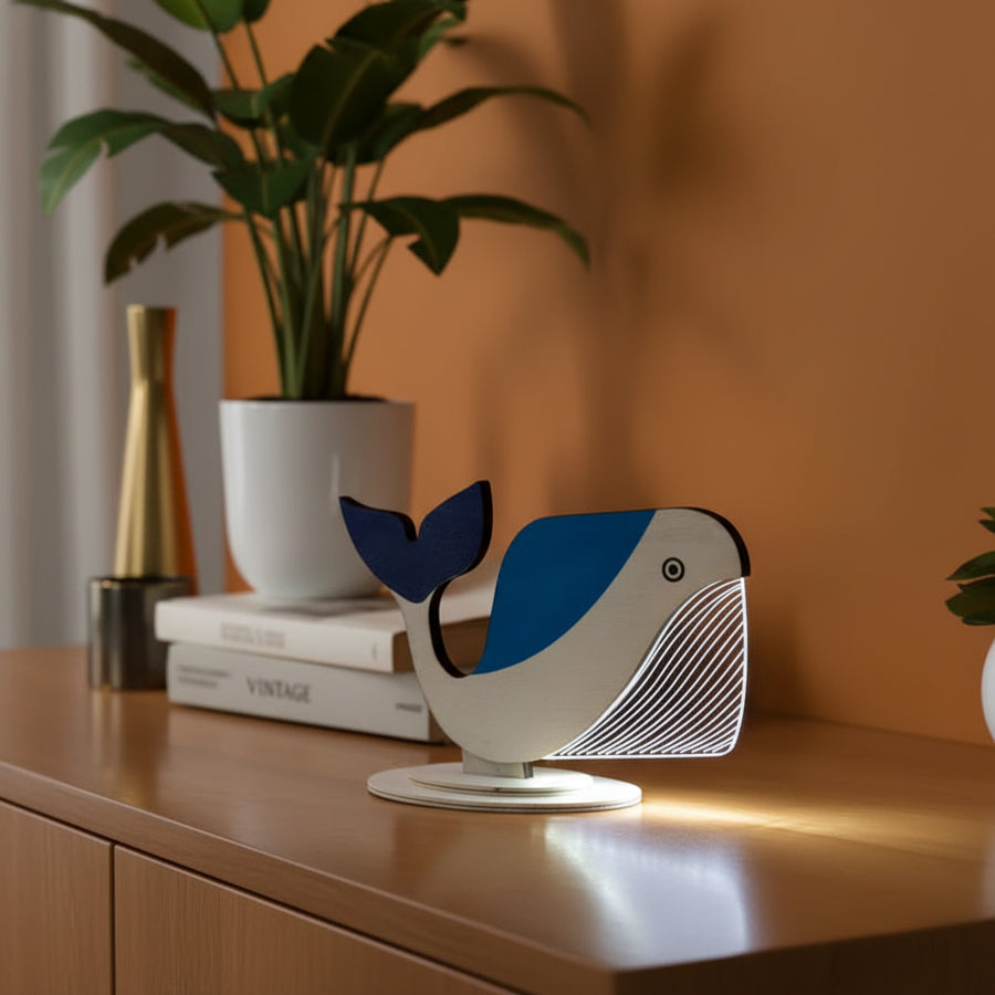 Coral Tree LED Whale Table Lamp | USB Powered Decorative Light | Wooden Base