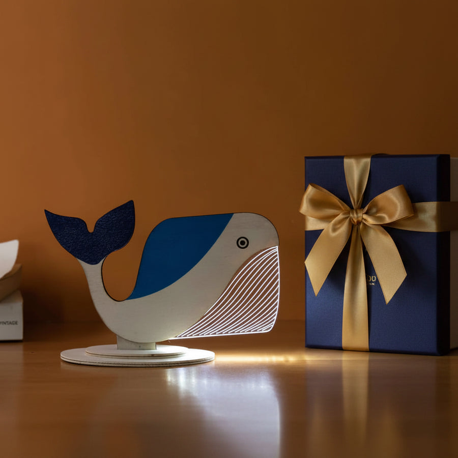 Coral Tree LED Whale Table Lamp | USB Powered Decorative Light | Wooden Base