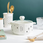 Coral Tree Ceramic Casserole Bowl with Lid | Geometric Printed Serving Pot | 20x15x12 cm | White