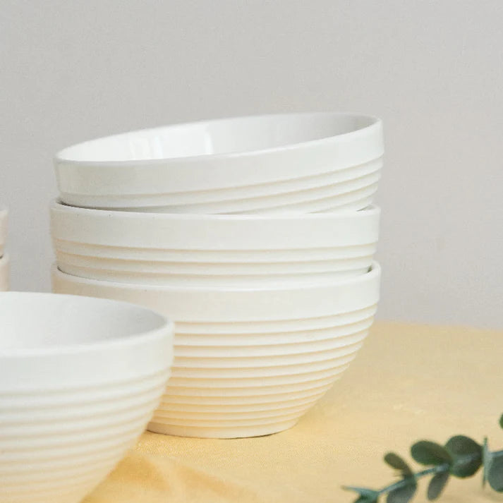 Coral Tree Ceramic Bowl Set of 4 | Ribbed Texture Soup & Snack Bowls | 12 cm