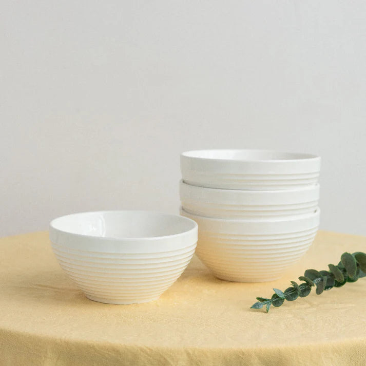 Coral Tree Ceramic Bowl Set of 4 | Ribbed Texture Soup & Snack Bowls | 12 cm