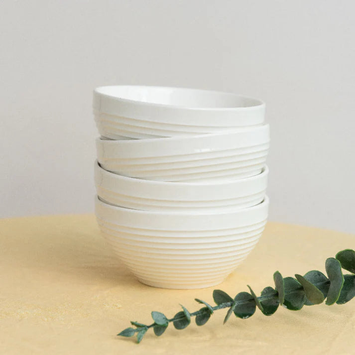 Coral Tree Ceramic Bowl Set of 4 | Ribbed Texture Soup & Snack Bowls | 12 cm