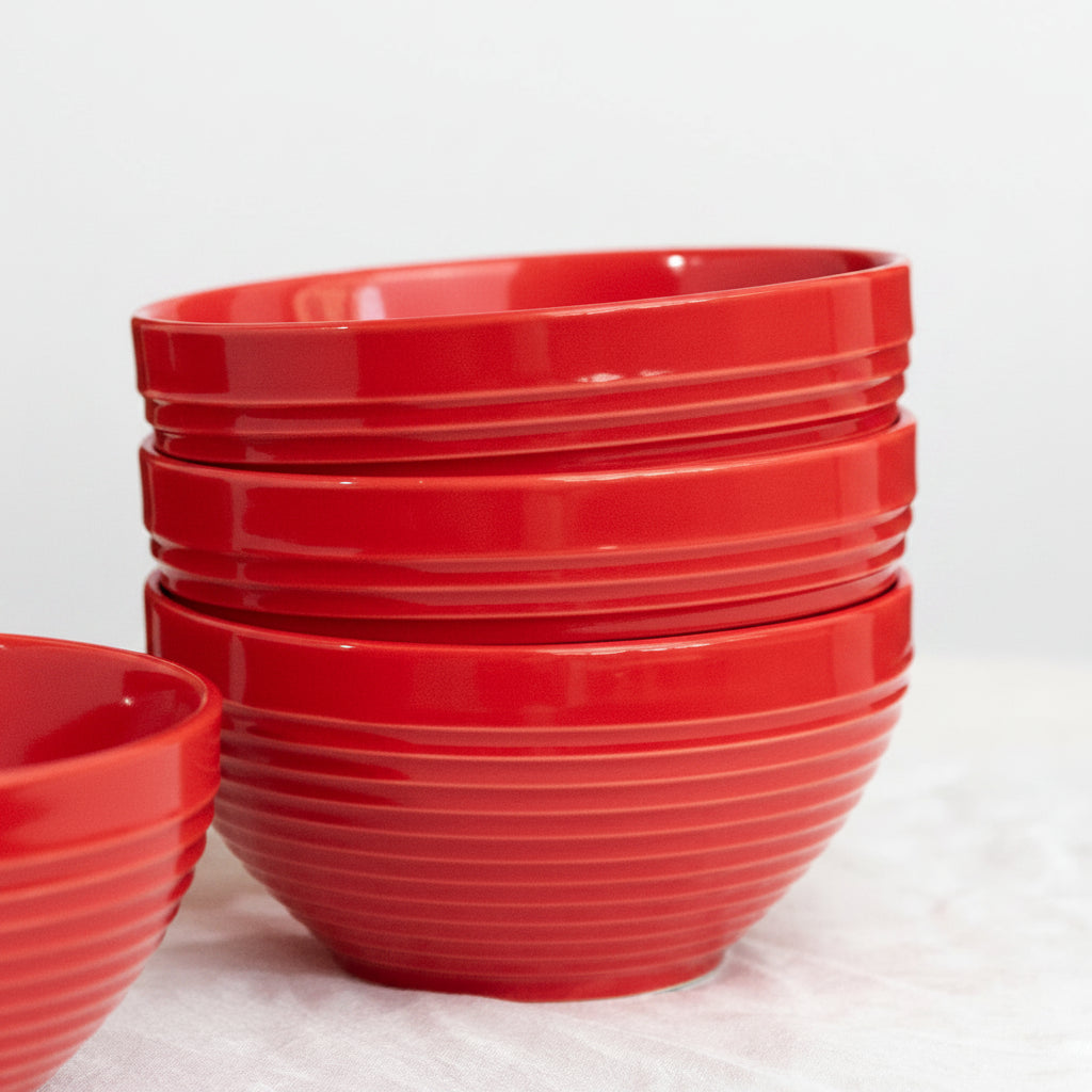 Coral Tree Red Ceramic Bowl Set of 4 | Ribbed Texture Soup & Snack Bowls | 12 cm