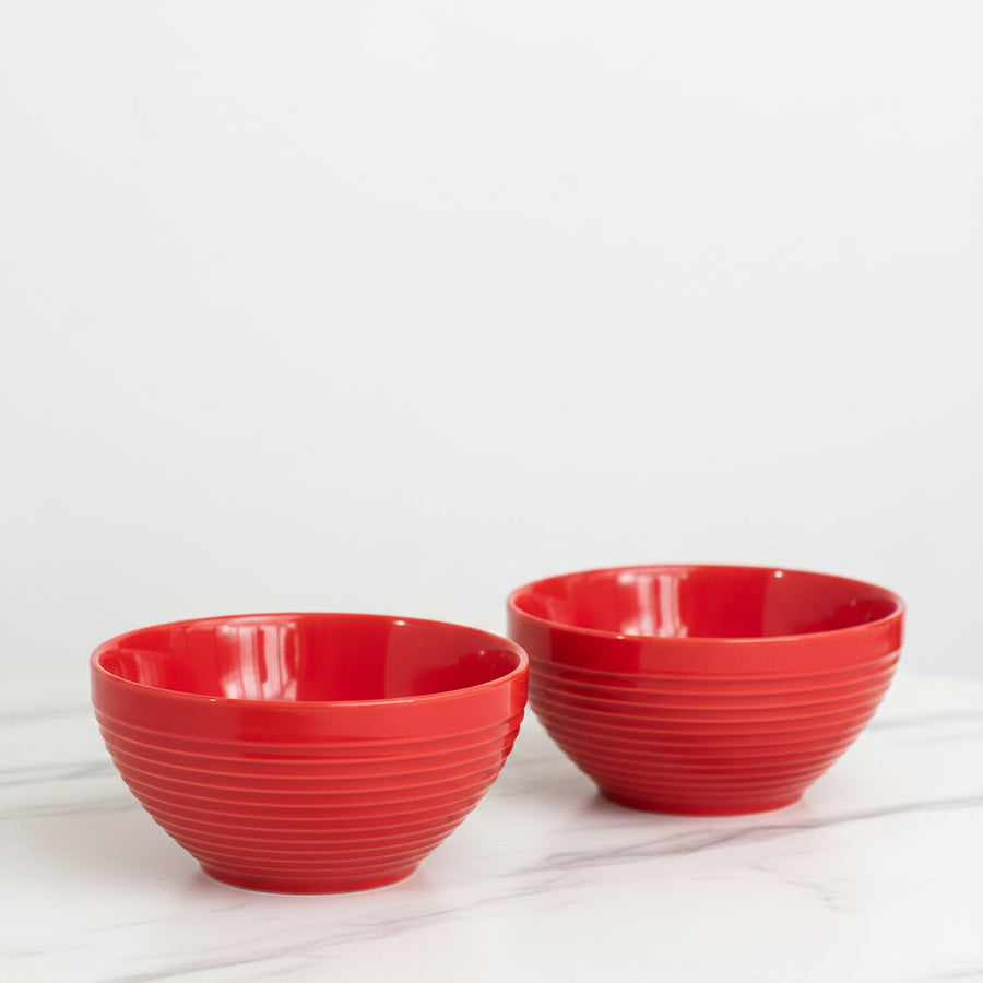 Coral Tree Red Ceramic Bowl Set of 4 | Ribbed Texture Soup & Snack Bowls | 12 cm
