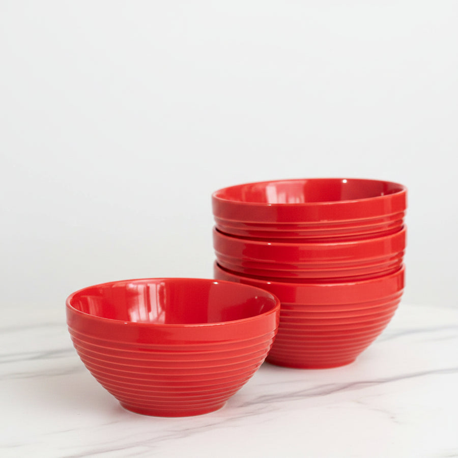 Coral Tree Red Ceramic Bowl Set of 4 | Ribbed Texture Soup & Snack Bowls | 12 cm
