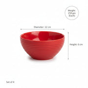 Coral Tree Red Ceramic Bowl Set of 4 | Ribbed Texture Soup & Snack Bowls | 12 cm