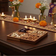 Coral Tree Wooden Puzzle Dry Fruit Serving Tray Set | 4 Section Interlocking Snack Platter | Decorative Table Organizer