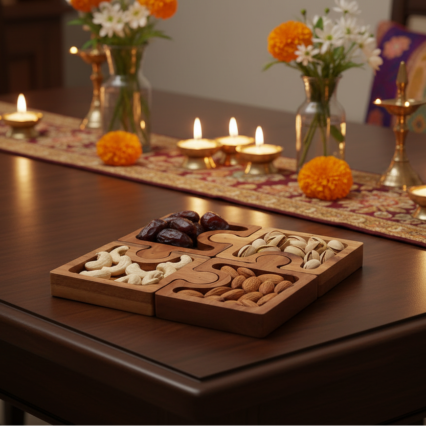Coral Tree Wooden Puzzle Dry Fruit Serving Tray Set | 4 Section Interlocking Snack Platter | Decorative Table Organizer