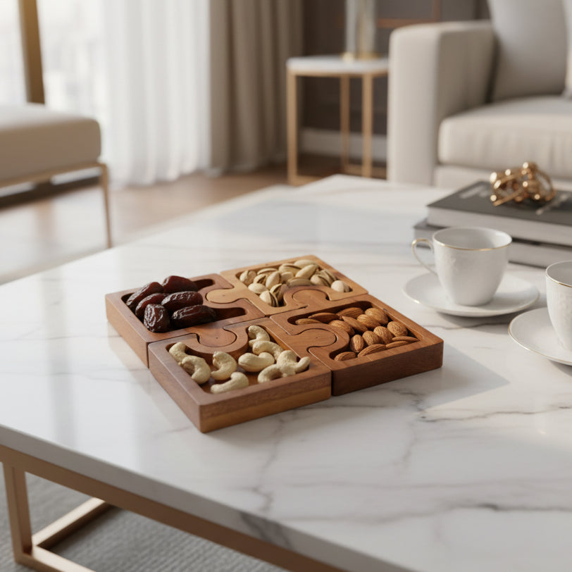 Coral Tree Wooden Puzzle Dry Fruit Serving Tray Set | 4 Section Interlocking Snack Platter | Decorative Table Organizer