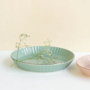 Coral Tree Ceramic Dessert Plate with Gold Rim | Ribbed Serving Plate for Cake, Snacks & Starters | 9x9x3 cm