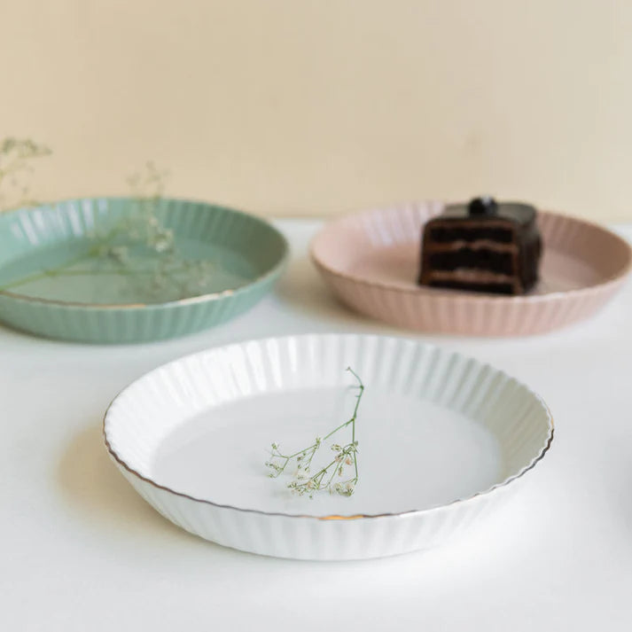 Coral Tree Ceramic Dessert Plate with Gold Rim | Ribbed Serving Plate for Cake, Snacks & Starters | 9x9x3 cm
