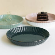 Coral Tree Ceramic Dessert Plate with Gold Rim | Ribbed Serving Plate for Cake, Snacks & Starters | 9x9x3 cm