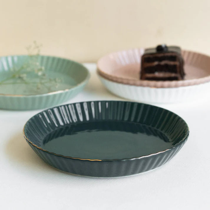 Coral Tree Ceramic Dessert Plate with Gold Rim | Ribbed Serving Plate for Cake, Snacks & Starters | 9x9x3 cm
