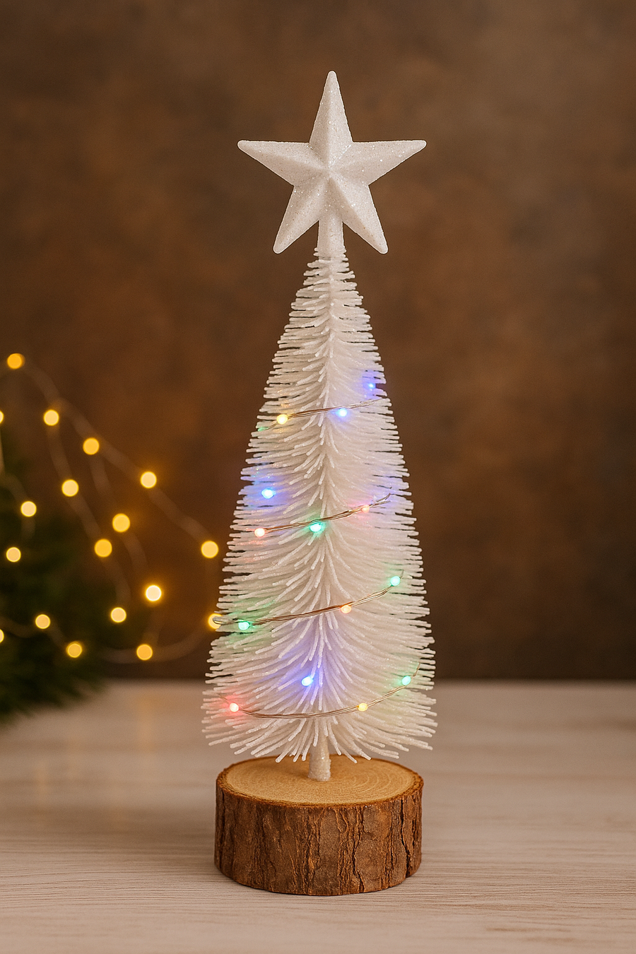 Mini White LED Christmas Tree with Wooden Base Set of 2
