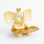 Decorative Elephant Figurine with Golden Crown and Tray – Resin Tabletop Organizer for Keys, Jewelry, Coins, and Decor Accents