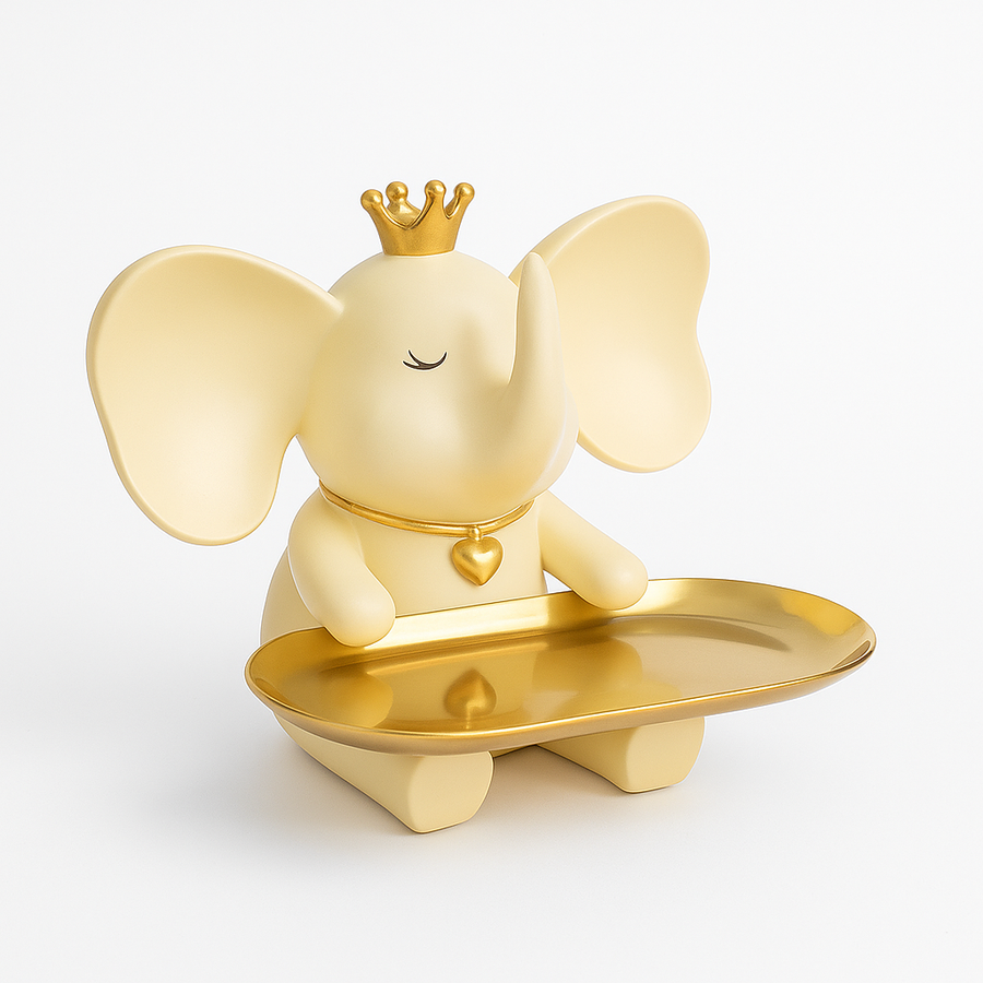 Decorative Elephant Figurine with Golden Crown and Tray – Resin Tabletop Organizer for Keys, Jewelry, Coins, and Decor Accents
