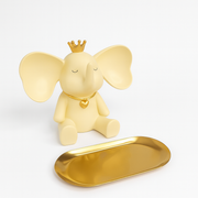 Decorative Elephant Figurine with Golden Crown and Tray – Resin Tabletop Organizer for Keys, Jewelry, Coins, and Decor Accents
