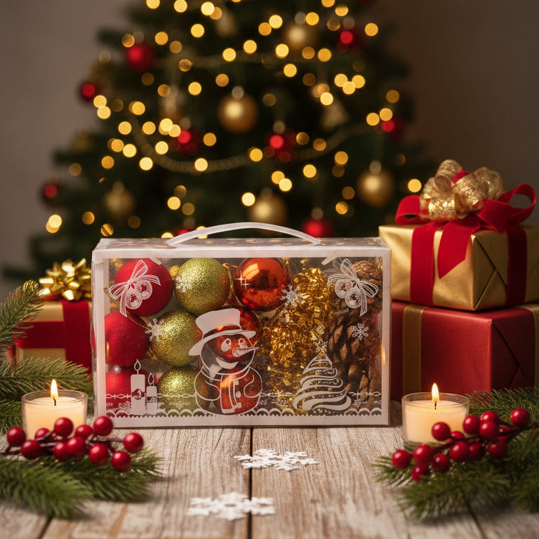 Decorative box with Christmas ornaments, candles, and presents on a wooden table with a blurred tree in the background.