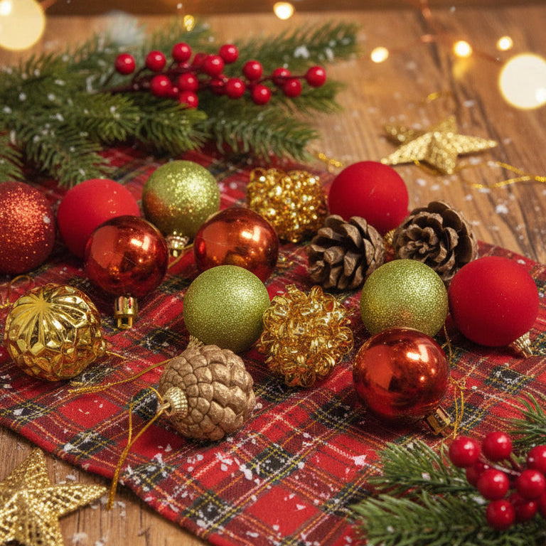 Christmas ornaments on a plaid cloth with pine branches and berries.