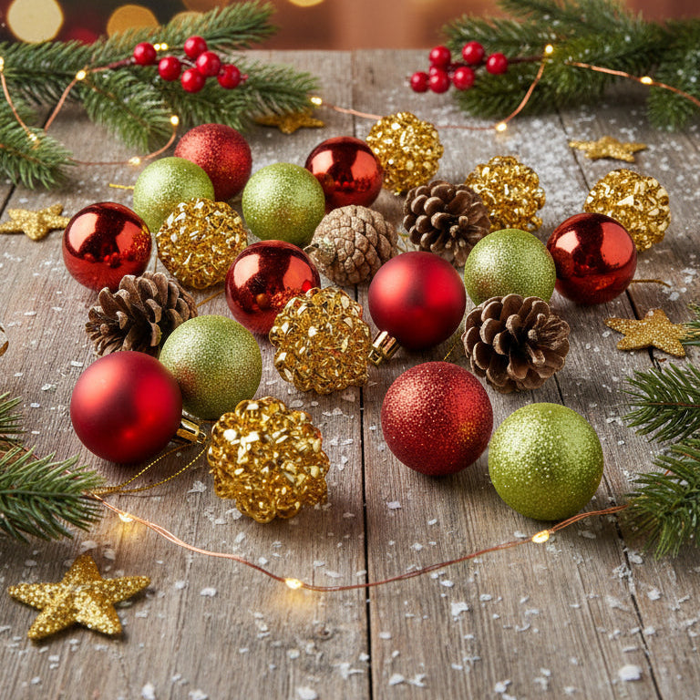 Assorted Christmas ornaments including balls, pine cones, and stars on a wooden surface with festive decorations.