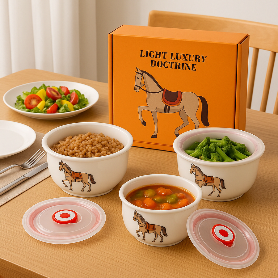 Coral Tree Ceramic 3-Piece Lunch Box / Bowl Set with Airtight Lids – Horse Print Design – Microwave & Refrigerator Safe