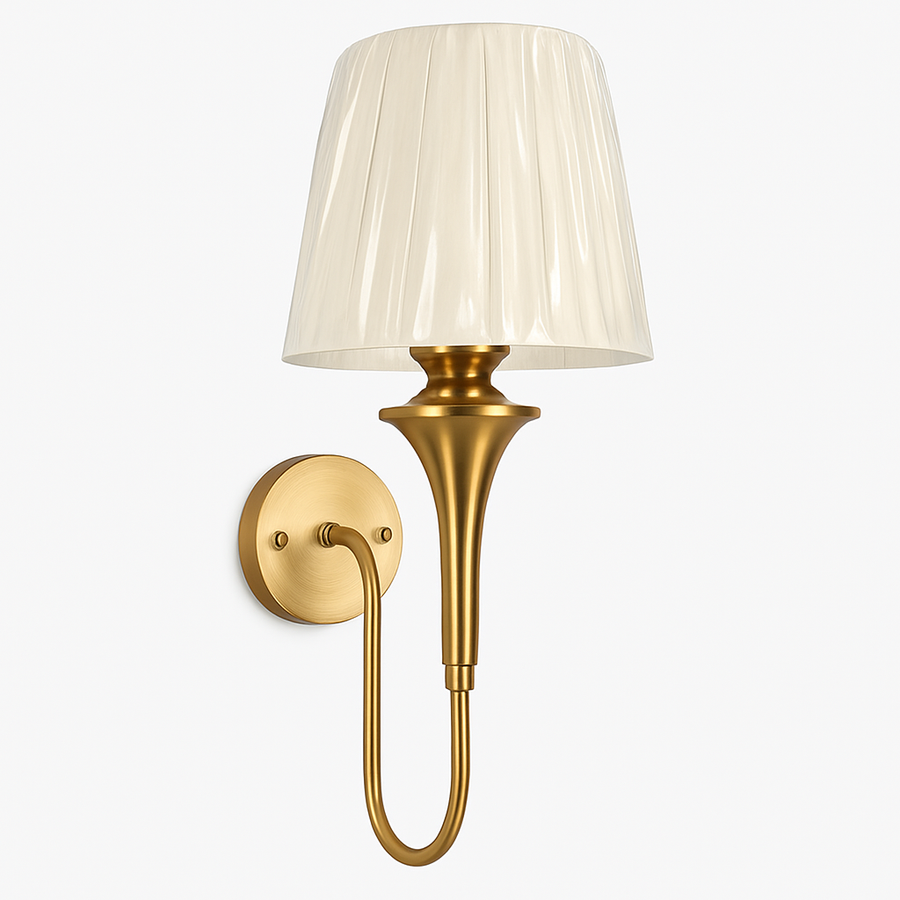 Golden Wall Mounted Lamp with Fabric Shade – Classic Brass Finish