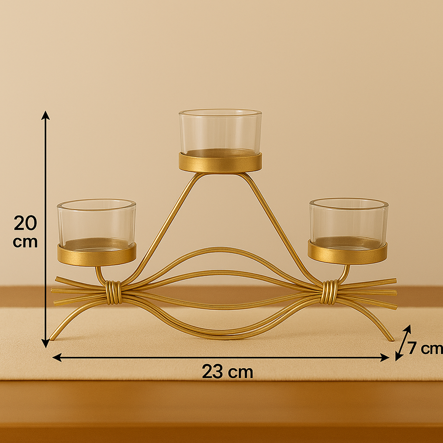 Coral Tree Golden Triple T-Light Candle Holder with Glass Cups – Elegant Metal Candle Stand for Home, Festive & Gifting