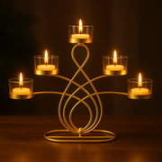 Elegant 5-Arm T-Light Candle Holder | Gold Metal Stand with Glass Cups | Home Décor Accent