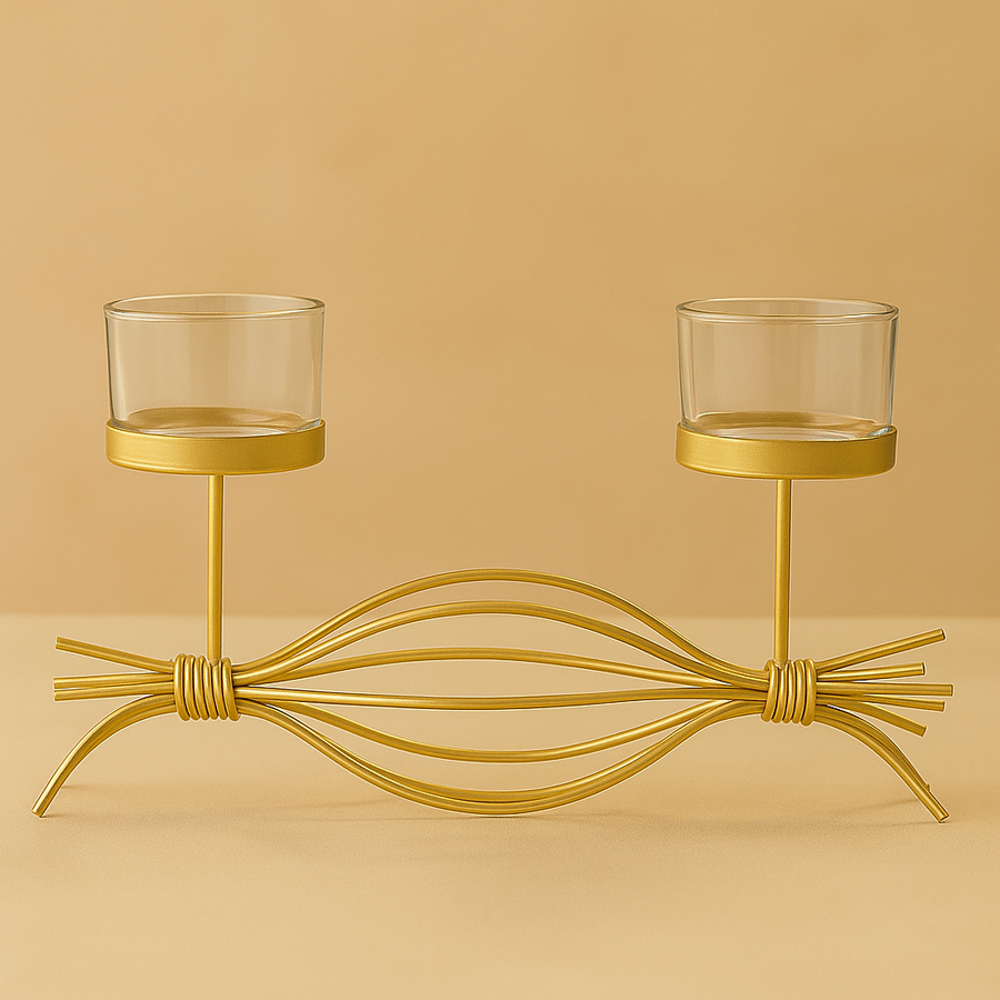Coral Tree Golden Double T-Light Candle Holder with Glass Cups – Elegant Metal Candle Stand for Home Décor, Puja & Festive Lighting